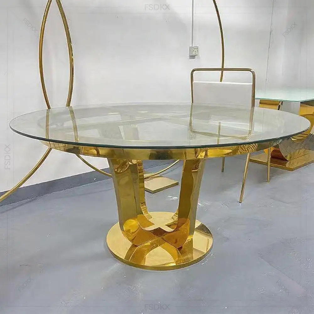 FSDKX Modern Stainless Steel Metal Base Round Cake Table Latest Wedding Event Dining Furniture Marble Top for Hotels