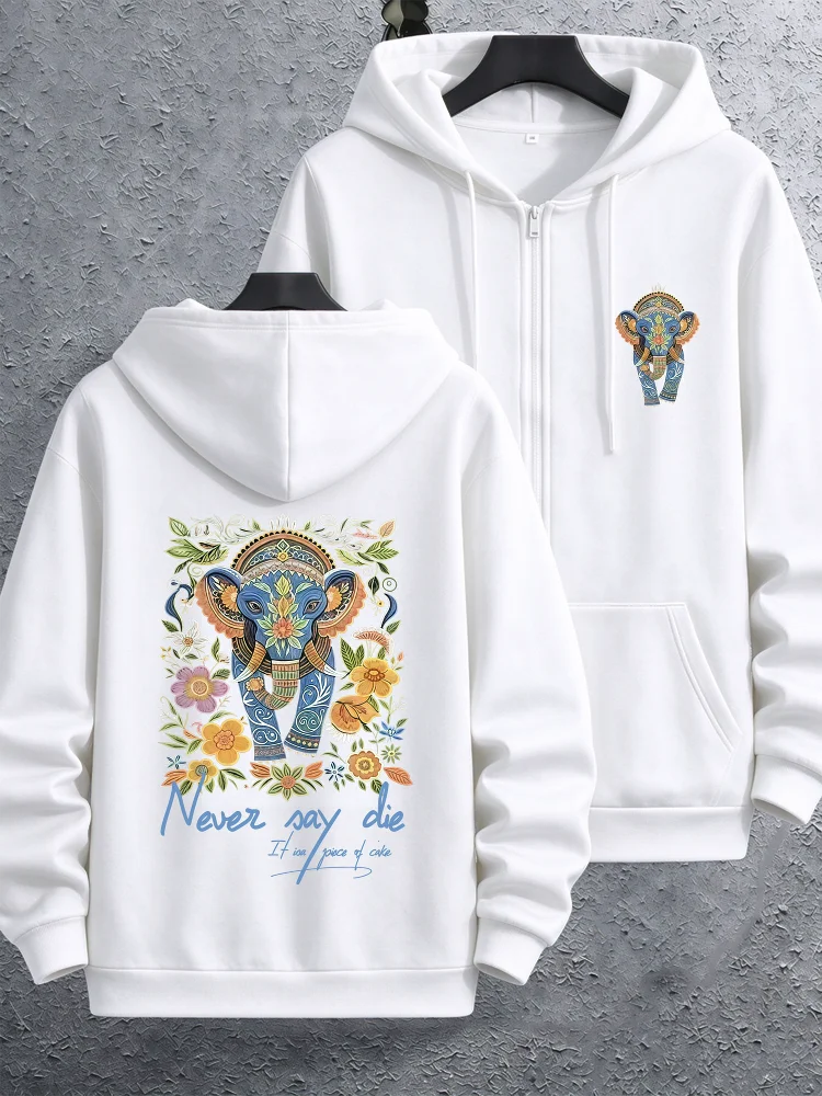 Streetwear Tribal Elephant Graphic Mens Zip Up Fleece Hoodies Warm Winter Casual Athletic Gym Sweatshirt Loose Workout Jacket