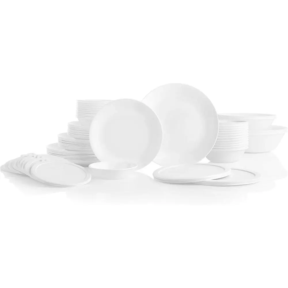 

78-Piece Dinnerware Set, Triple Layer Glass, Chip Resistant, Lightweight Round Plates and Bowls, Winter Frost White