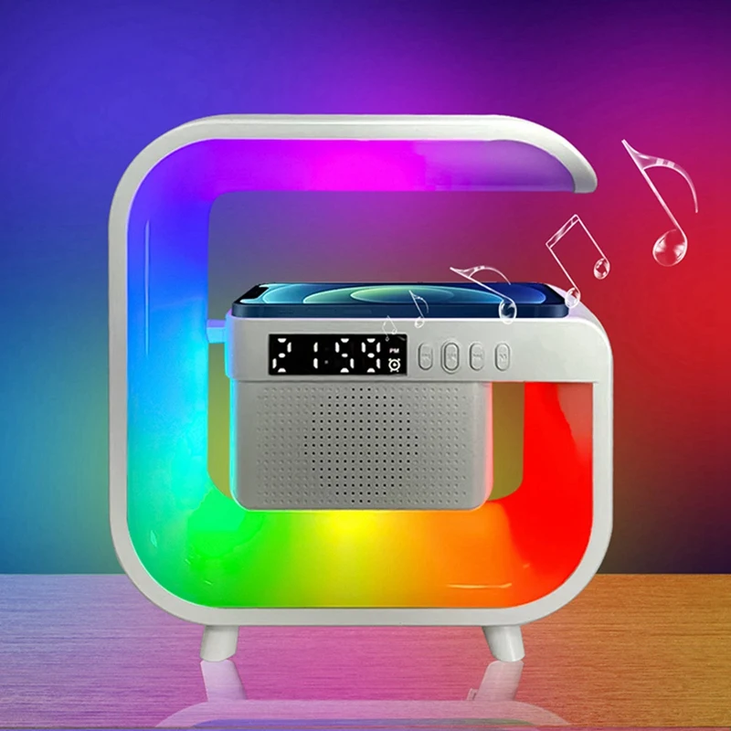 Soporte de cargador inalámbrico con Bluetooth 5,0, altavoz multifunción, FM, TF, RGB, luz nocturna, estación de carga rápida para Smartphone, A