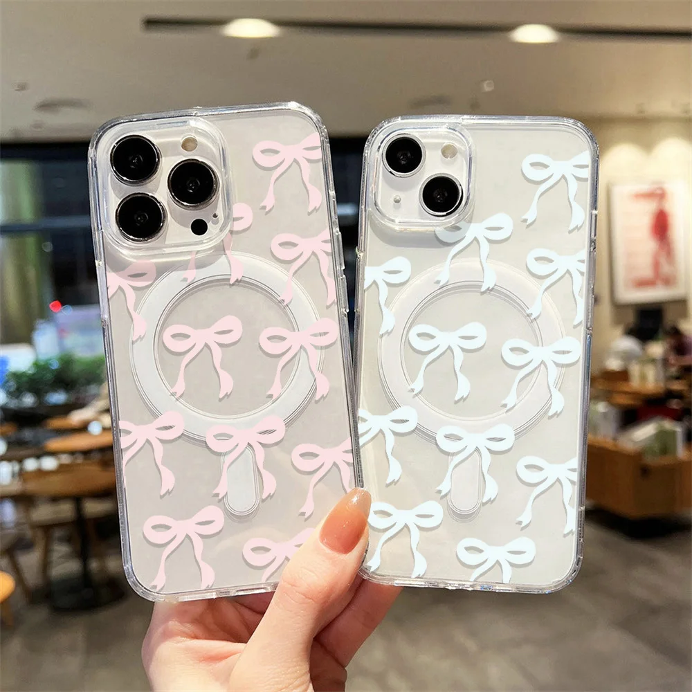 

Cute Bow For Magsafe Magnetic Wireless Charge Case For iPhone 16 Pro 15 13 11 12 14 Pro Max Shockproof Transparent Back Cover