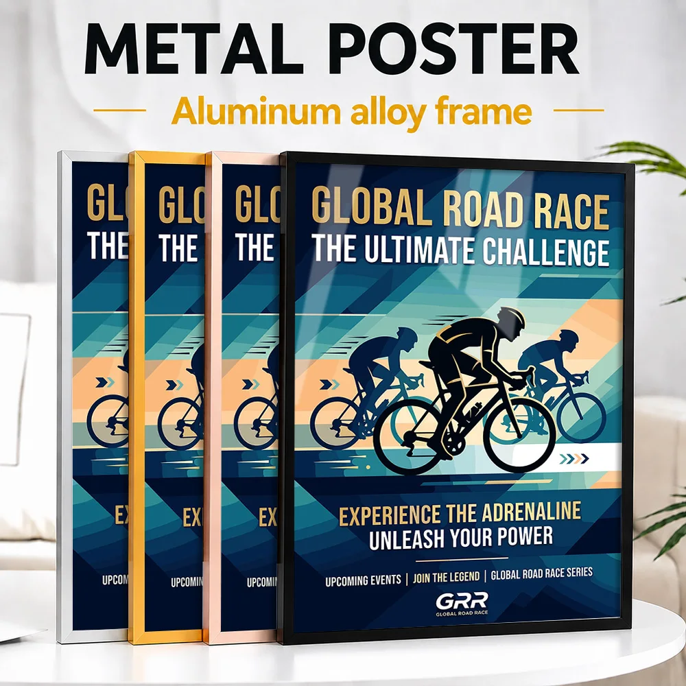 Global Road Race Cycling Framed Aluminum Metal Poster Customized Photo Mountain Adventure Style Wall Art For Training Studio
