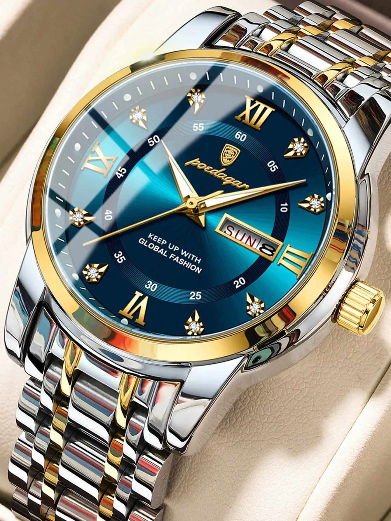 

Кварцевые часы из нержавеющей стали с синим циферблатом, римскими цифрами, отображением даты и дня недели, двухцветным золотисто-серебристым ремешком