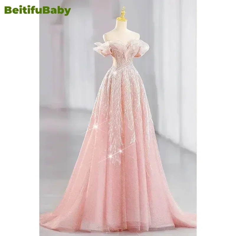 

BeitifuBaby Palace Style Women's Evening Dresses Elegant Off The Shoulder Strapless Lace-up Banquet Dress for Women Vestidos