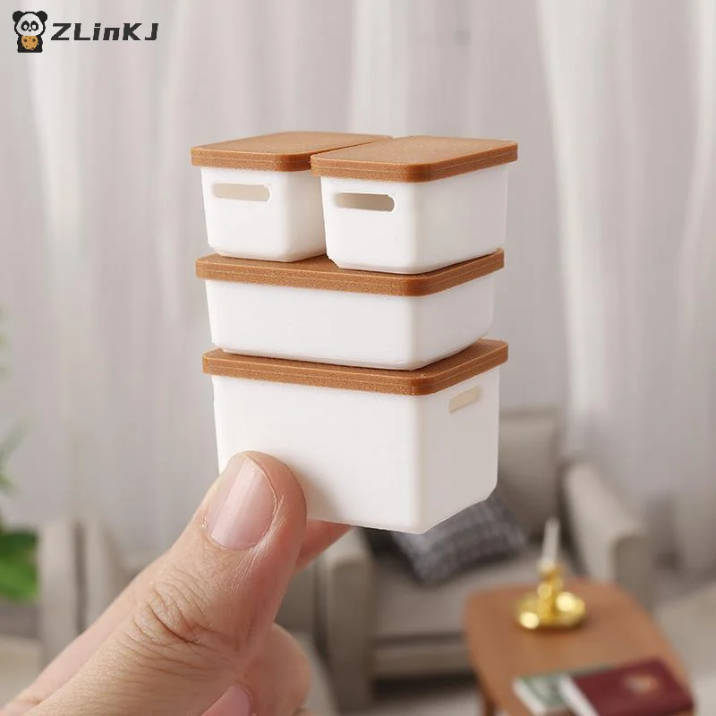 ▶4Pcs Mini Storage Case With Cover 1/12 Dollhouse Miniature Food Storage Box Model Doll House Accessories Toy