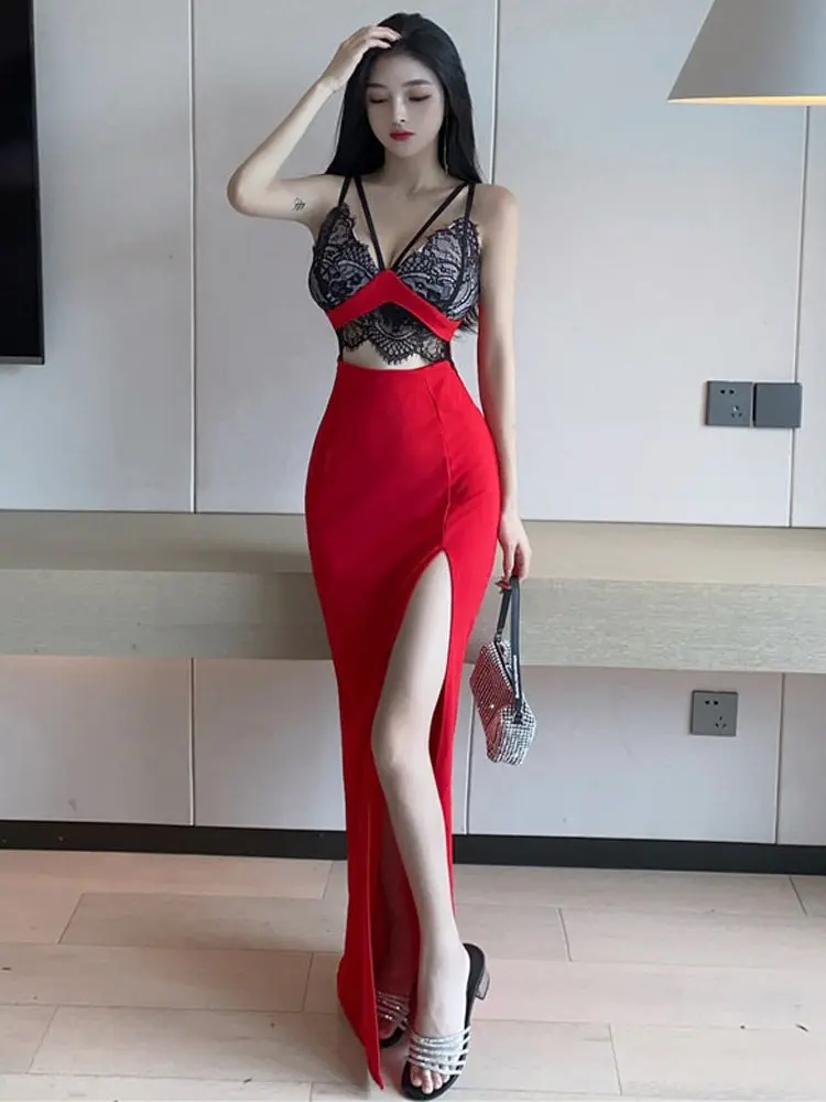 فستان كوكتيل أحمر فاخر للنساء ريترو دانتيل بألواح انقطاع فتحة جانبية رسن رسمي أنيق للحفلات فستان ضيق للحفلات الراقصة