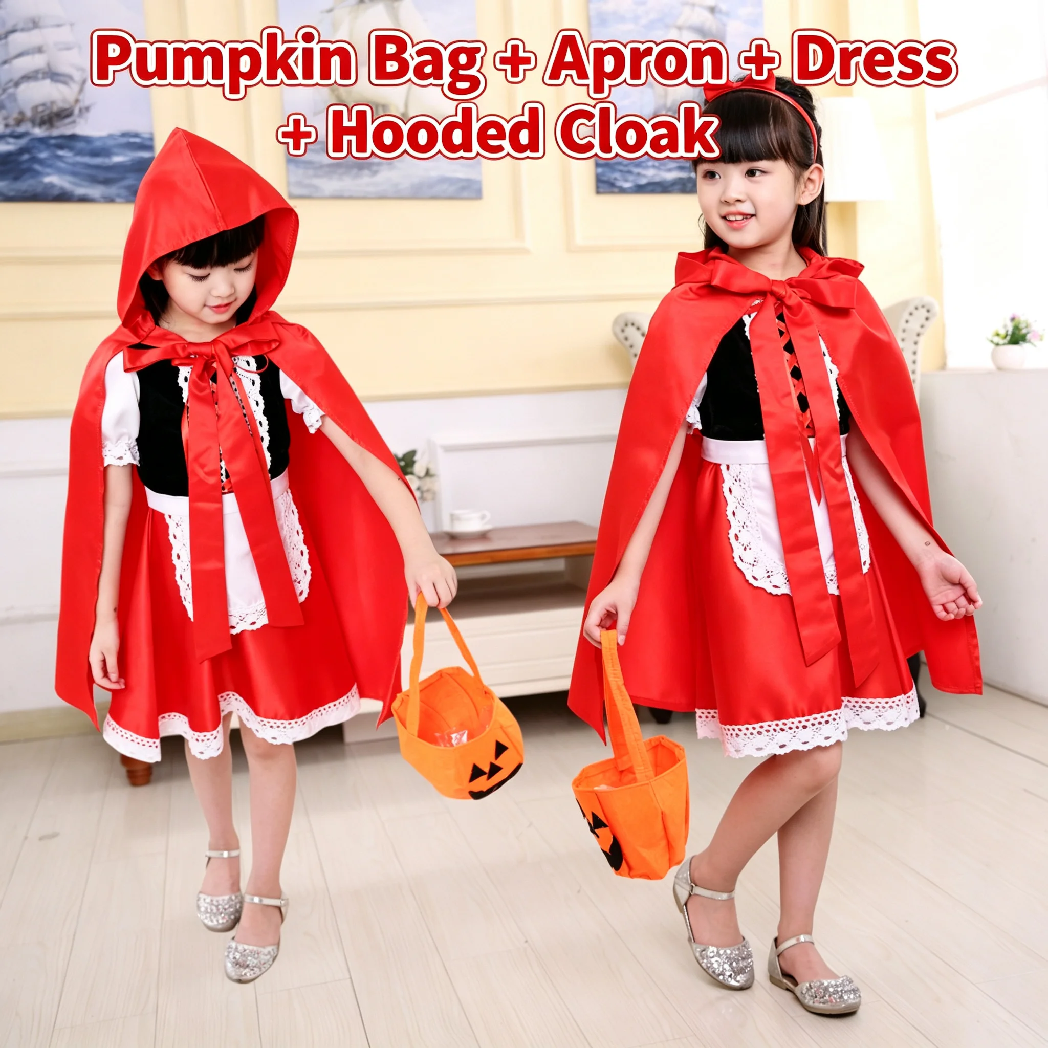 Girls Little Red Riding Hood Costume 4PCS Set Kids Halloween Hooded Cloak Dress with Apron Toddler Carnival Cosplay Party Outfit