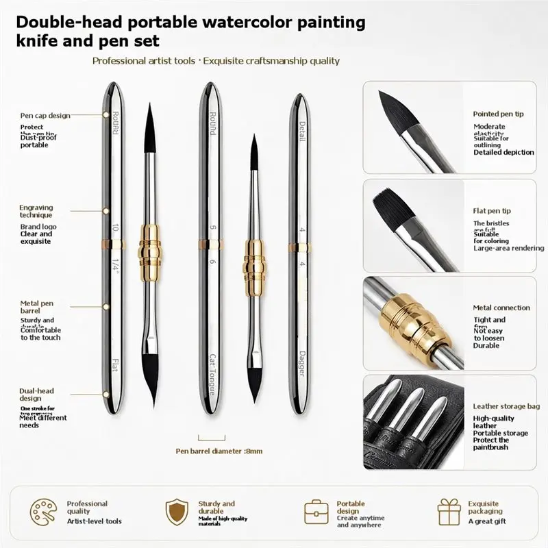 MACH-For Plein Air Painting, Gouache, Ink Compatible- Dual-Tip Travel Watercolor Brushes In 3-Pack