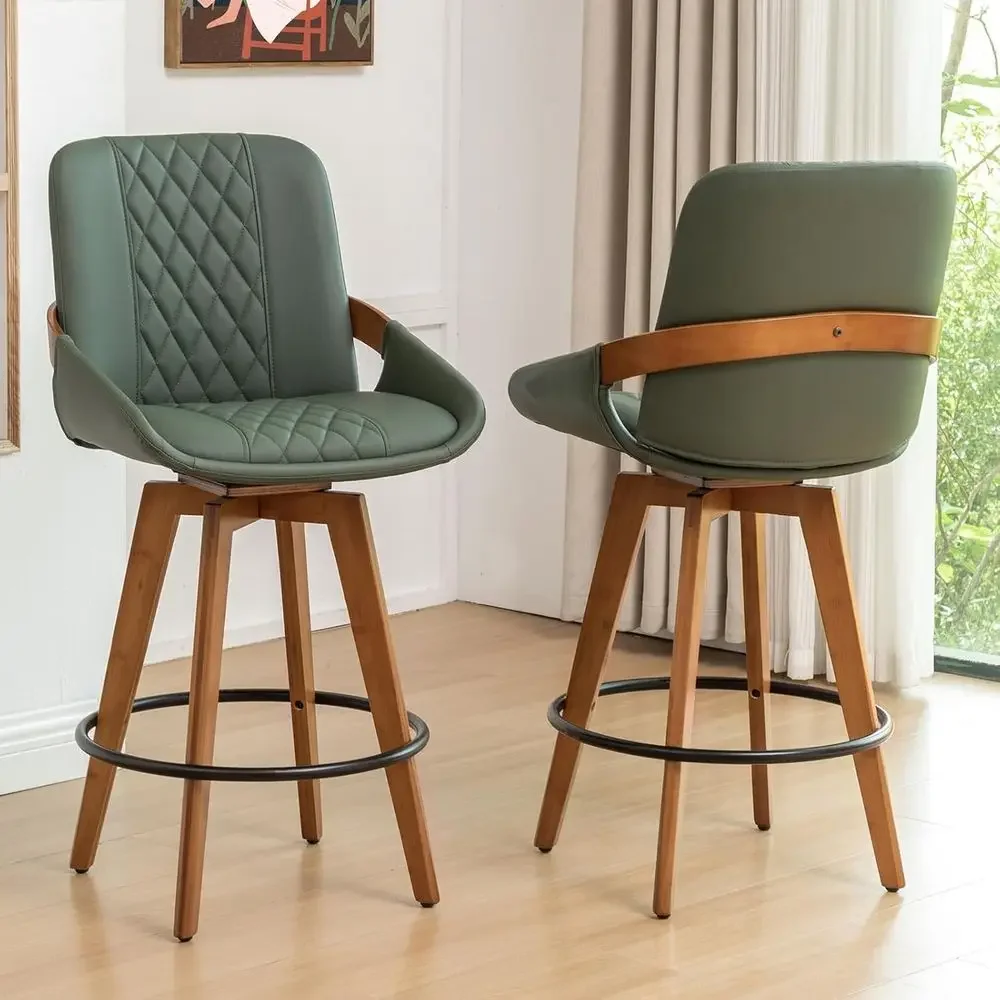

Набор из 2-х барных стульев в стиле Mid-Century Modern, с обивкой из зеленой кожи и отделкой из орехового дерева, для бара/паба/кухонного острова (26.3)