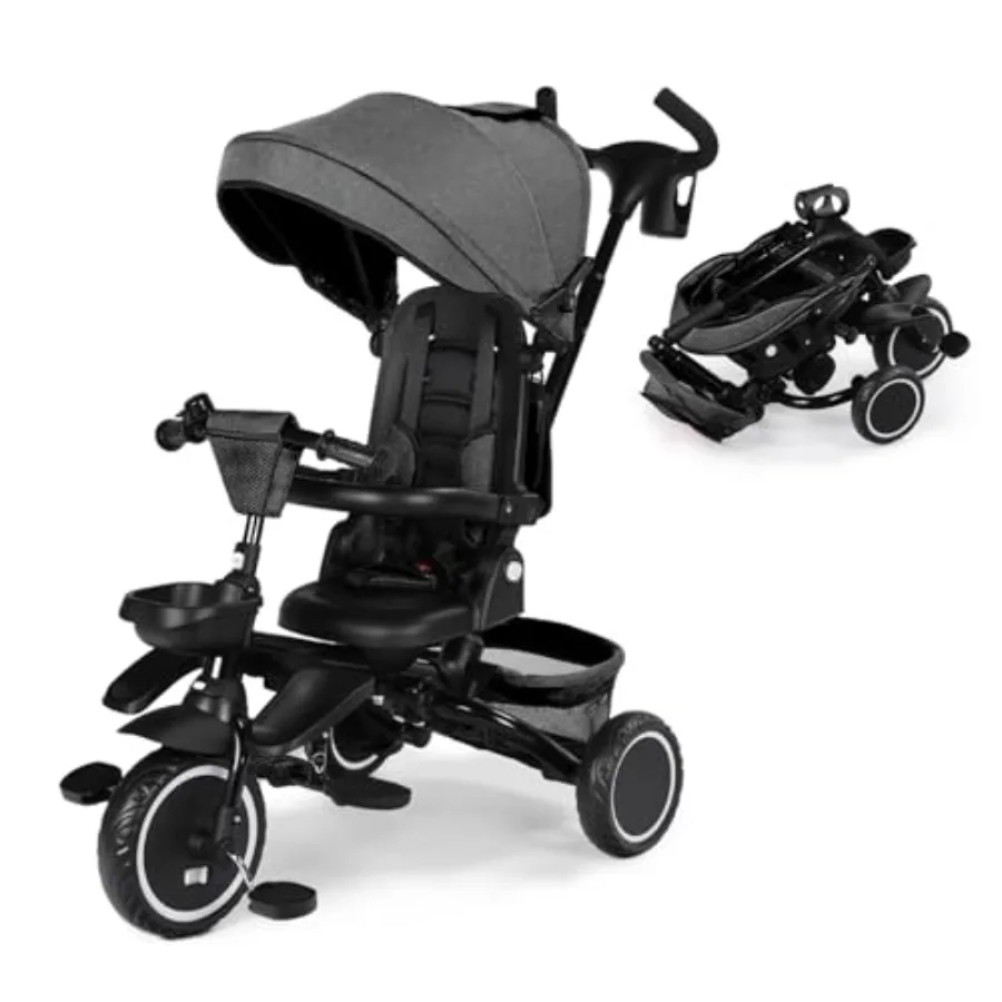 

Kinder King Tricycle 8 in 1 Folding Toddler Trike w/Adjustable Push Handle Rotatable Seat Adjustable Canopy Bell Five-Point Har
