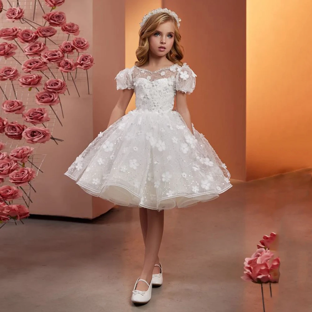 Yipeisha abiti da festa di nozze per bambini con fiori 3D paillettes maniche corte Scoop perline Flower Girl Dress abito da prima comunione