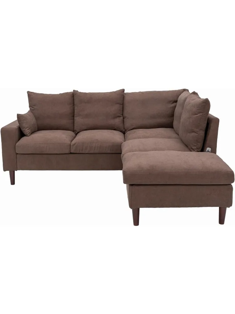 

Seater Modern Linen Fabric/Black Faux Leather L-Shape Sectional Sofa, with Built-in USB Port Chaise Lounge Couch (Squar