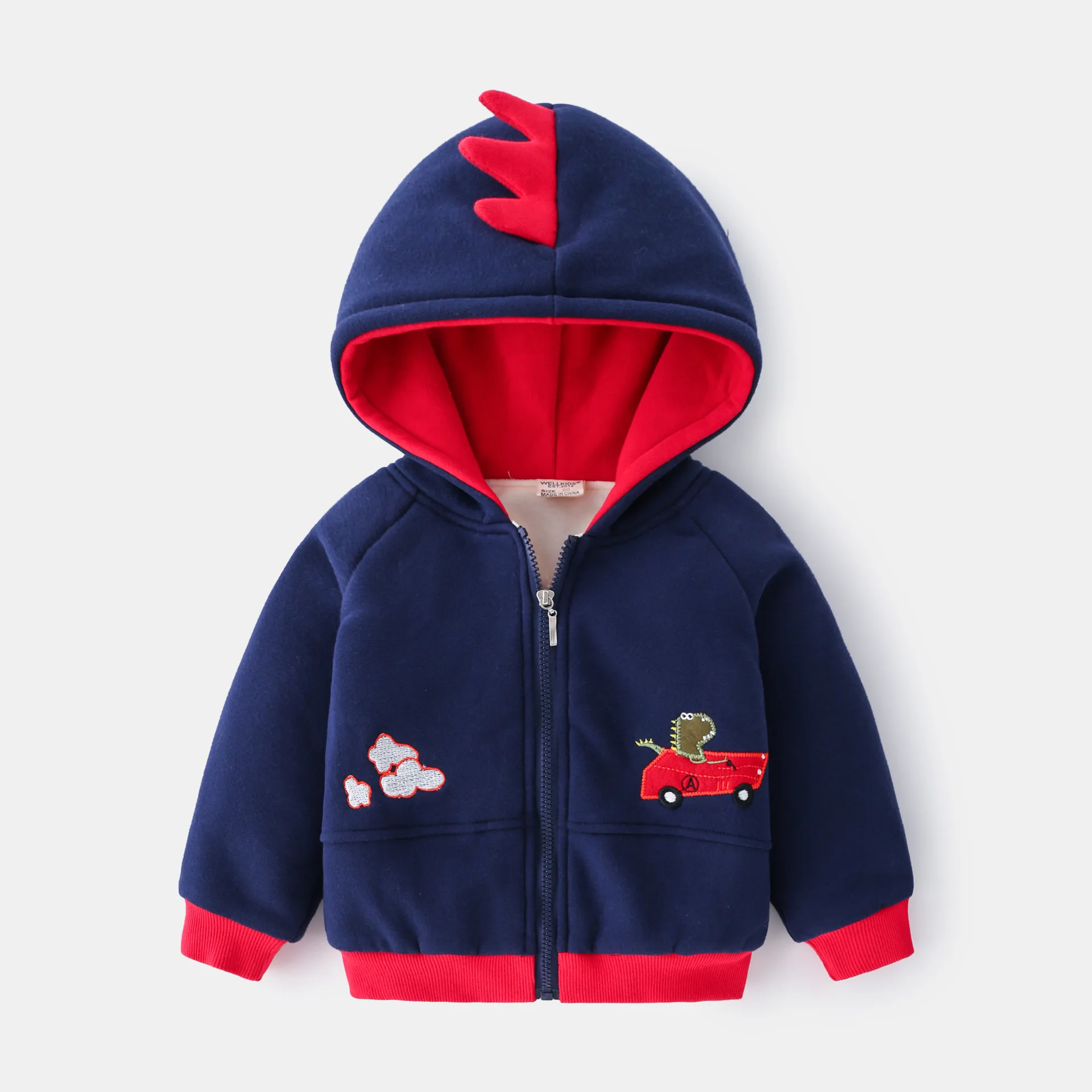 Boys' Casual Cartoon Embroidered Zip-Up Hooded Sweatshirt Jacket Autumn/Winter New Fleece-Lined Hoodie for Kids 2-7 Years Old