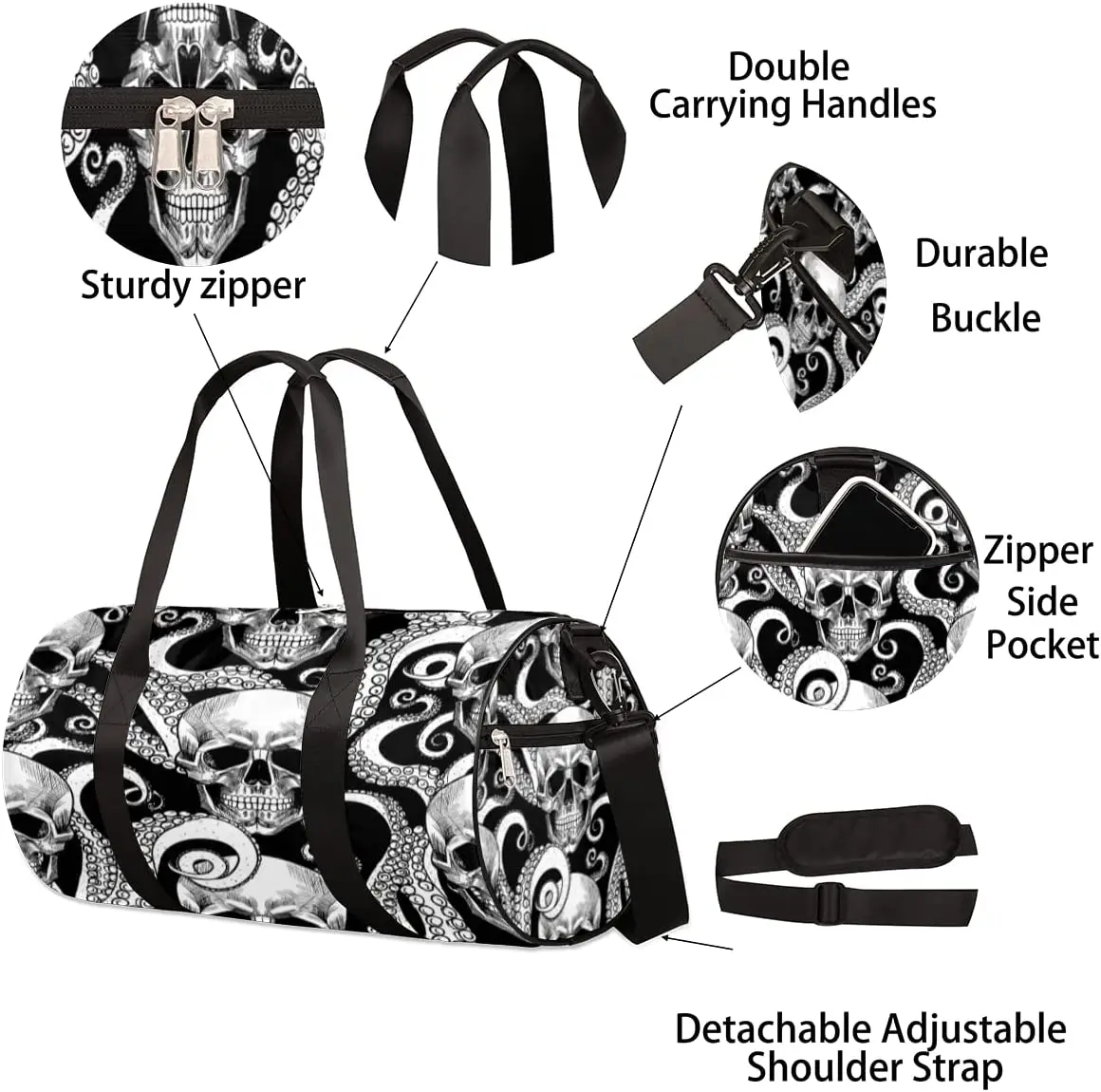 Octopus Skull Travel Duffle Bag Sports Gym Bag with Backpack, Tote Weekender Bag for Women Men Travel Business Trip