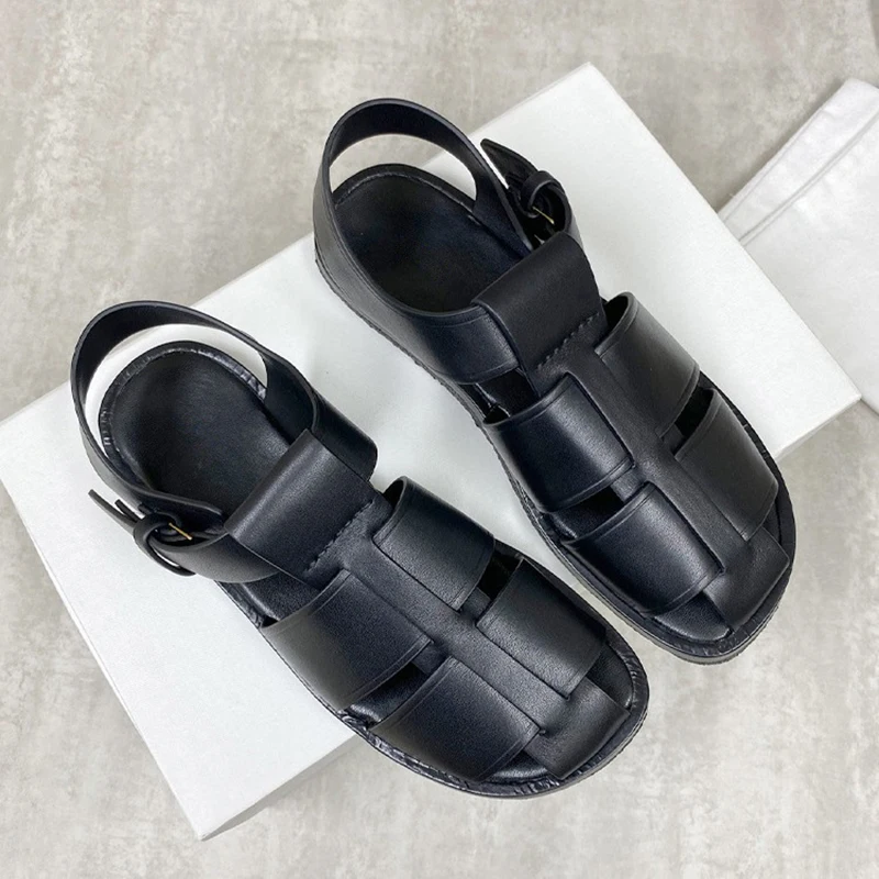 Donna-in Roman Sandals Women Genuine Cow Leather Weave Slingback One-piece Buckle Female Summer Flat Casual Shoes Handmade