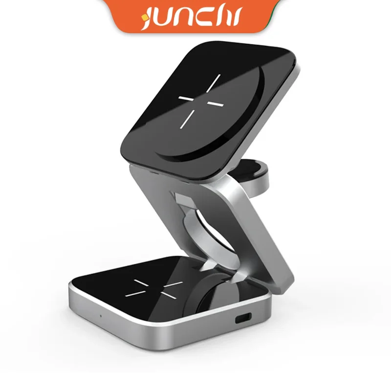 

Metal Foldable Magnetic Phone Holder for Apple iPhone 12 13 14 Pro iwatch Airpods 3 in 1 Wireless Charging Station for iPhone 15