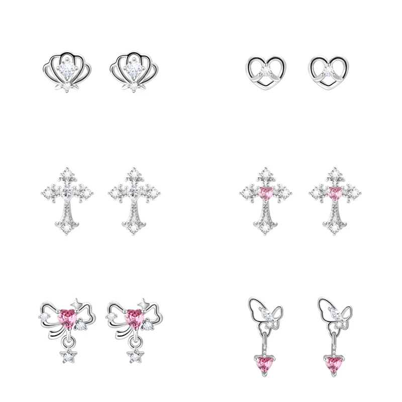 1pcs Shiny Cross Pink Zircon Silver Color 316L Stainless Steel Ear Bone Nail Y2K Hottie Earring for Women Cochlear accessories