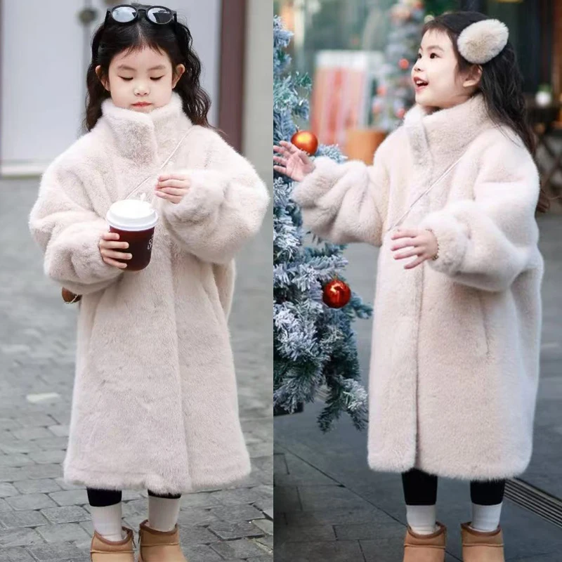6-12Y في سن المراهقة الفتيات سترة 2025 شتاء جديد طويل بلون زائد المخملية سميكة الدافئة الفراء كولور معاطف للفتيات مقنعين أسفل ملابس خارجية