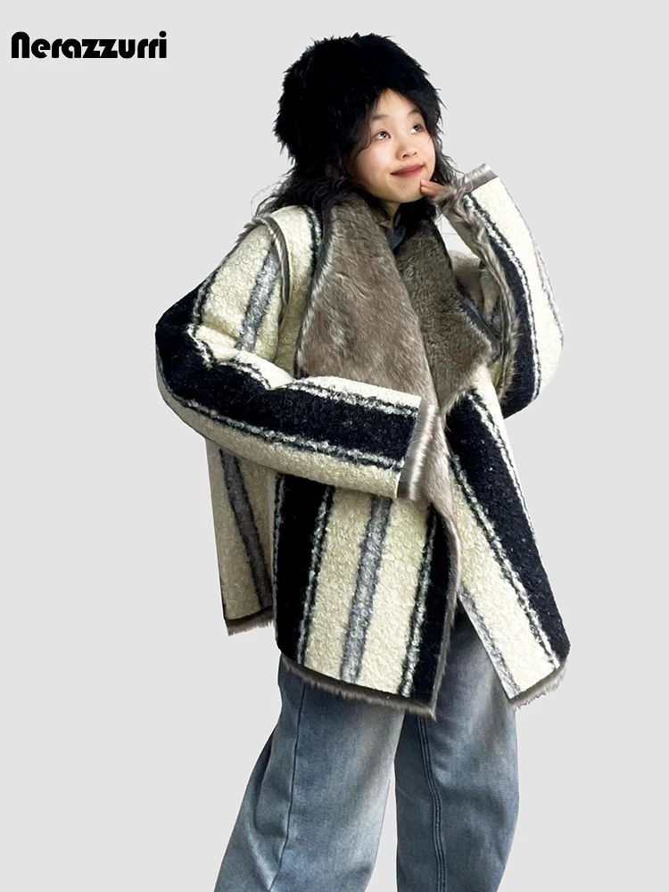 Nerazzurri Winter Oversized Colorful Thick Warm Faux Sheepskin Coat Women Luxury Designer Clothes Fluffy Shearling Jacket 2024