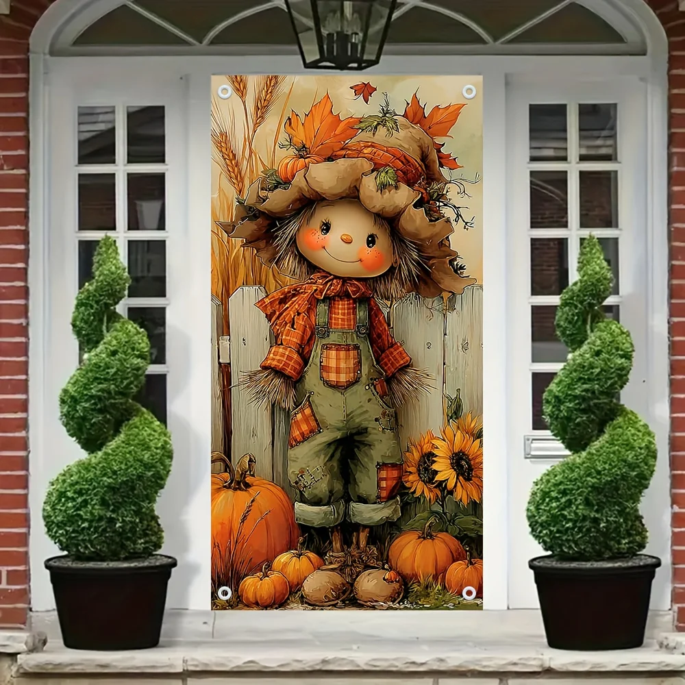2D flat, 2D door banner, 1 cute scarecrow with sunflower and pumpkin door banner -2D flat printing seasonal autumn decoration view 4