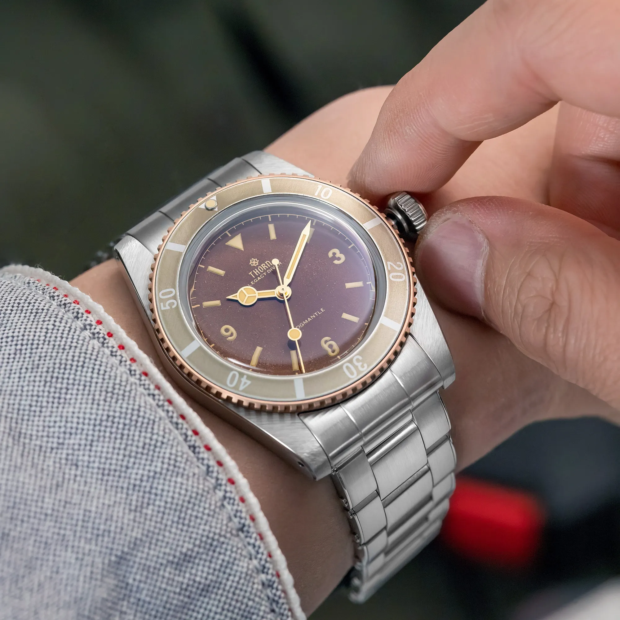 

Мужские автоматические часы THORN, 37 мм, механические наручные часы для дайвинга, водонепроницаемые на 200 м, C3, светящиеся, с сапфировым стеклом, PT5000, с бронзовым алюминиевым безелем.