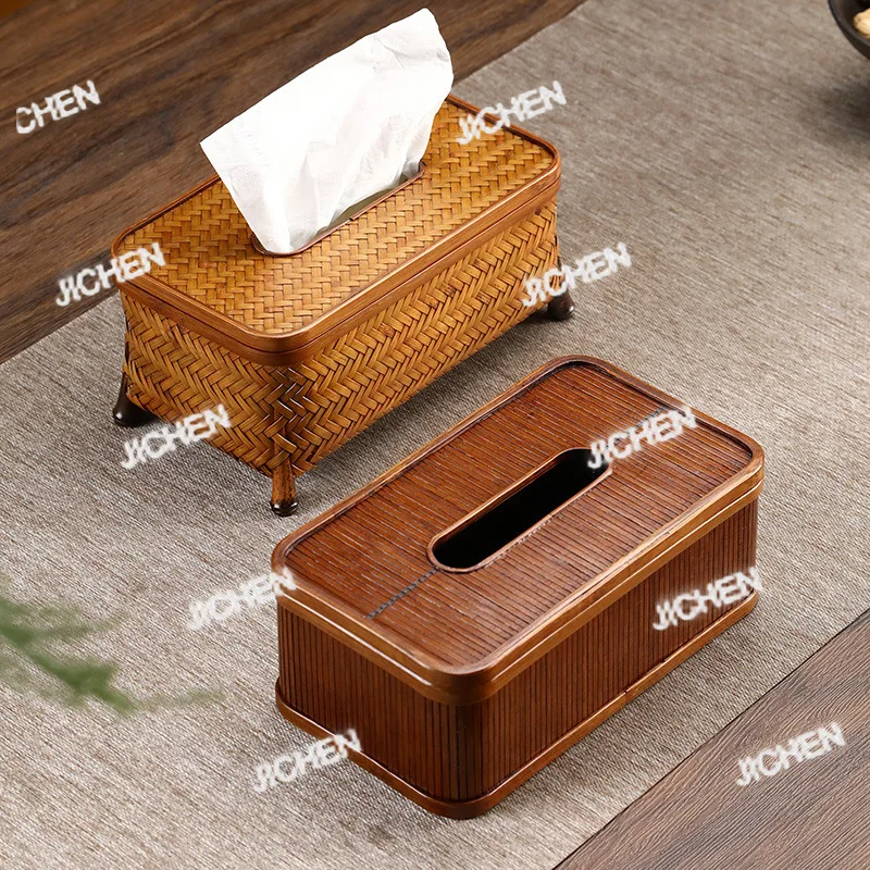 

JCTBamboo Woven Large Paint Tissue Box Retro Chinese Style With Handle Pumping Carton Basket Household Living Room Ornament
