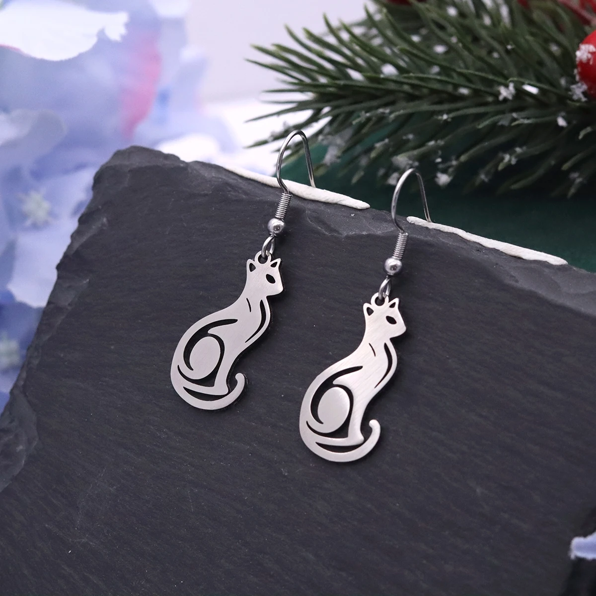 Kinitial Stainless Steel Sitting Cat Drop Hook Earrings Cute Pet Animal Kitten Dangle Earrings Jewelry Gift For Women