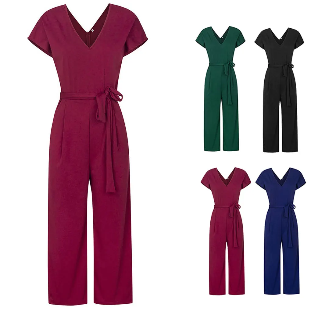 Tutina da donna con scollo a V, manica corta, tinta unita, tutina estiva