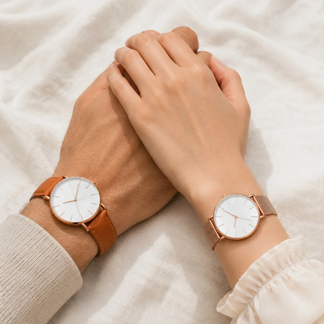 Luxury Simple Couple Watches Set 2Pcs Thin Round Dial Mesh Strap & Leather Band Quartz Wristwatches For Men Women Couple Gift