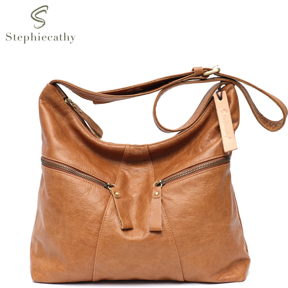 SC Vintage Large Casual Women Shoulder Bag Luxury Oil Wax Genuine Leather Multi Pockets Hobo Handbag Retro Daily Crossbody Purse