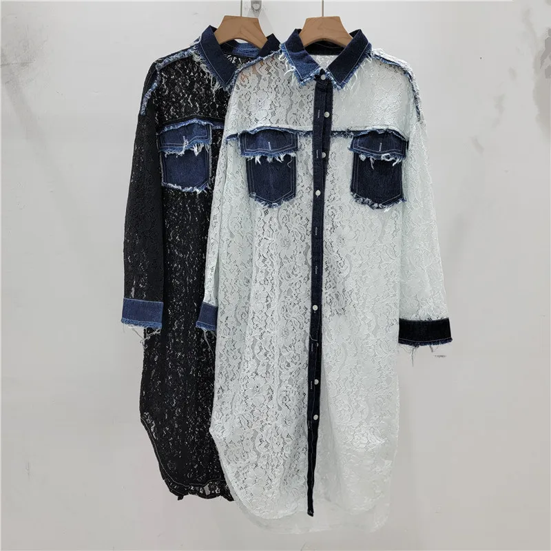 

Women Sun Protection Denim Patchwork Lace Flowers Shirts Summer Thin Hollow Jeans Spliced Blouses Medium Length Cardigan Tops