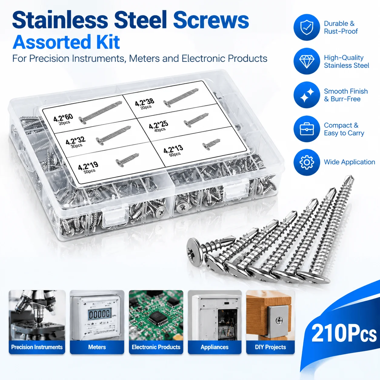 Hexagon Washer Self Tapping Screw Set 210Pcs Drill Tail Combination Kit with Storage Box 6 Sizes 13mm 19mm 25mm 32mm 38mm 50mm Screws Assortment for Home Repair Furniture Assembly DIY