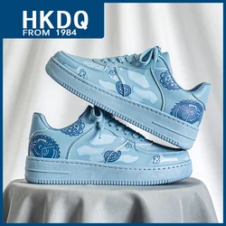 HKDQ Fashion Print Blue Men's Skateboard Shoes Leather Breathable Man Casual Sneakers Platform Non-slip Men Skateboarding Shoes