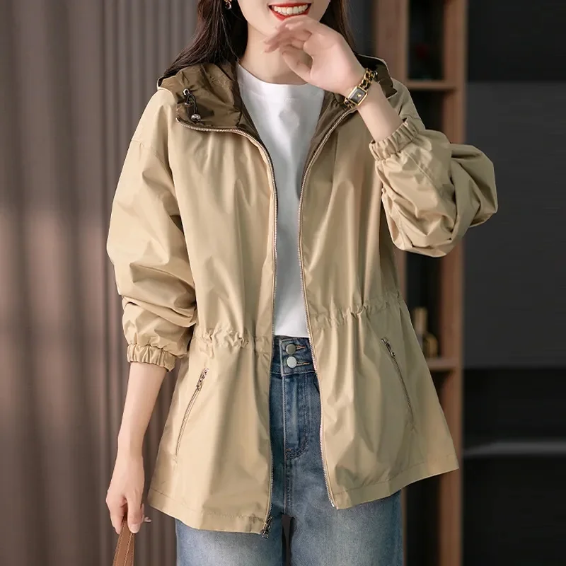 New Hooded Lined Women Outwear Spring Autumn Two Sides Trench Female Coat Design Sense Large Size 4XL Windbreaker Ladies Jacket