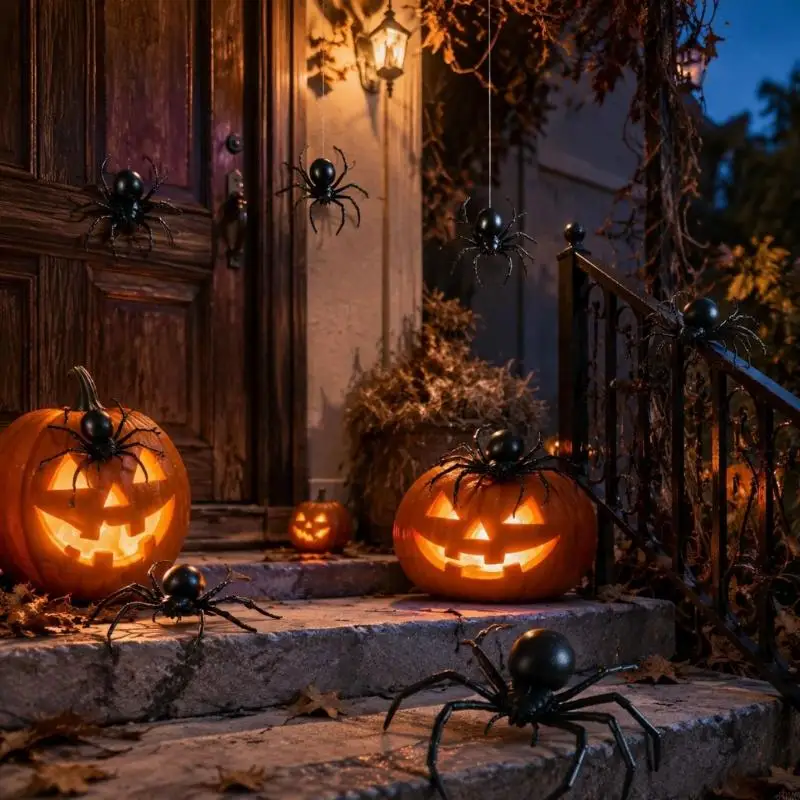 Hanging Spiders Figures for Halloween, 8 Piece Plastic Set for Party Rooms, Door Corners, Ceiling Lines, Indoor Themes and Photo