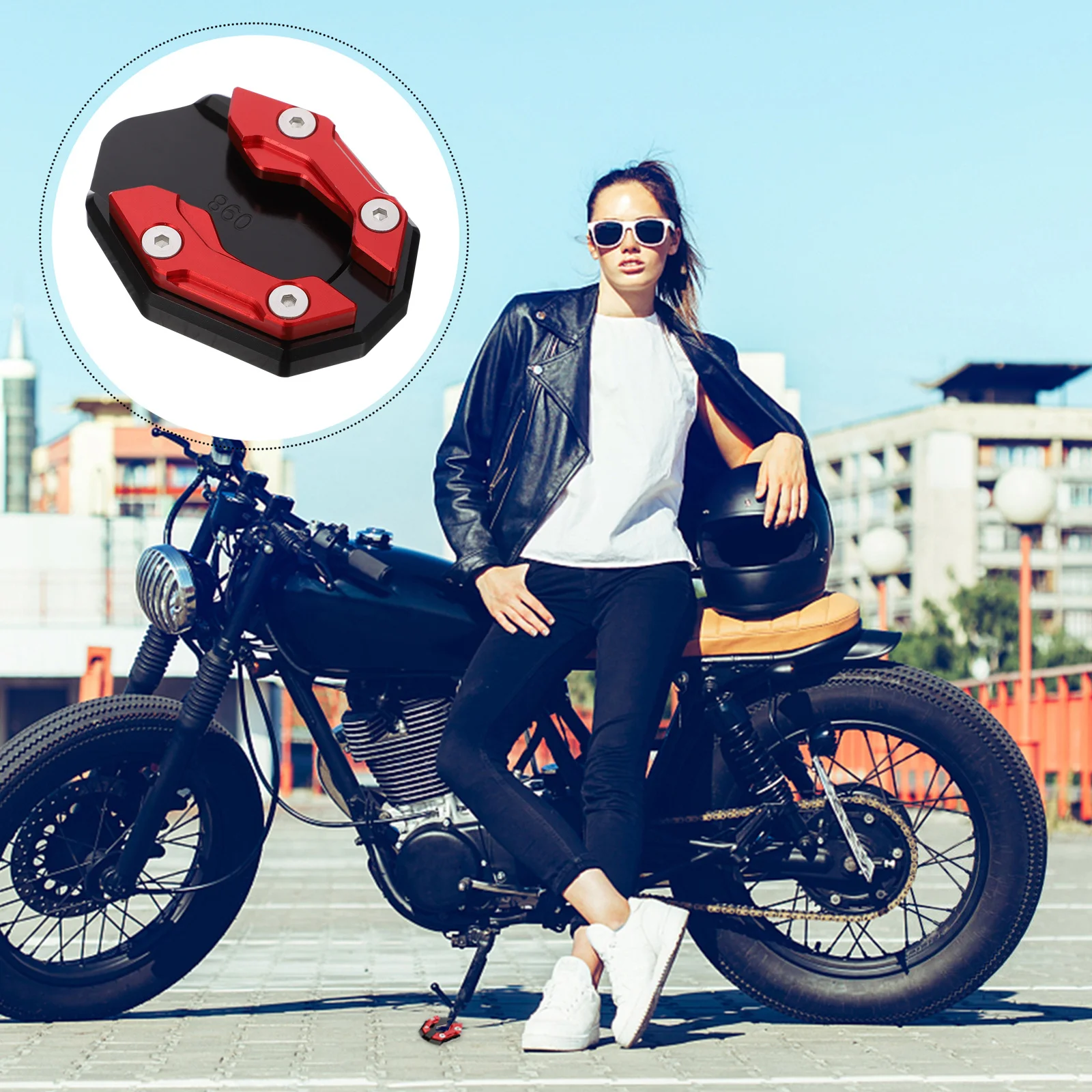 

Motorcycle Kickstand Foot Side Stand Extension Enlarger Pad Red Durable Anti-Sinking Support Plate for Motorcycle Stabilizer
