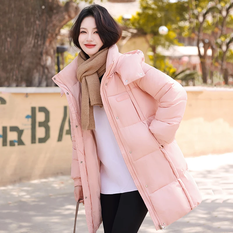 

Съемная шапка Thiened Cotton Jaet Женская зимняя верхняя одежда Свободное хлопковое пальто длиной миди небольшого размера с застежкой-молнией...