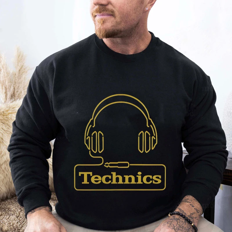 Letter Technics and Headphone Graphics Sweatshirt Men Street Long Sleeve O-Neck Pullover Funny Creative Technics Male Sudadera