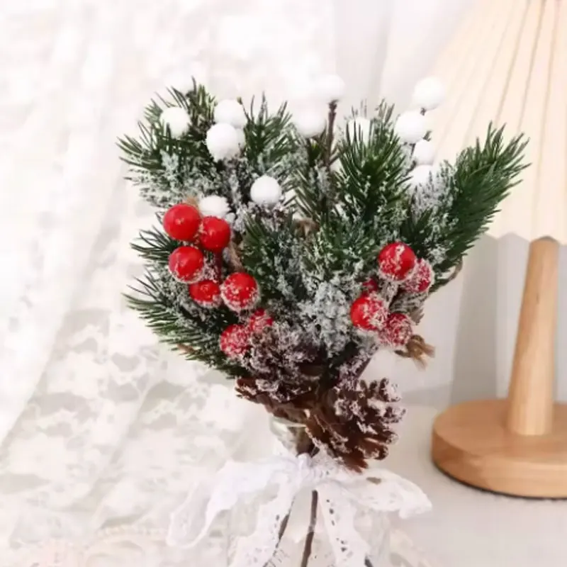 

3Pc Artificial Flower Fake Snow Frost Pine Branch Cone Berry Holly Diy Xmas Tree Ornament Outdoor Garden Wedding Gifts Boxes