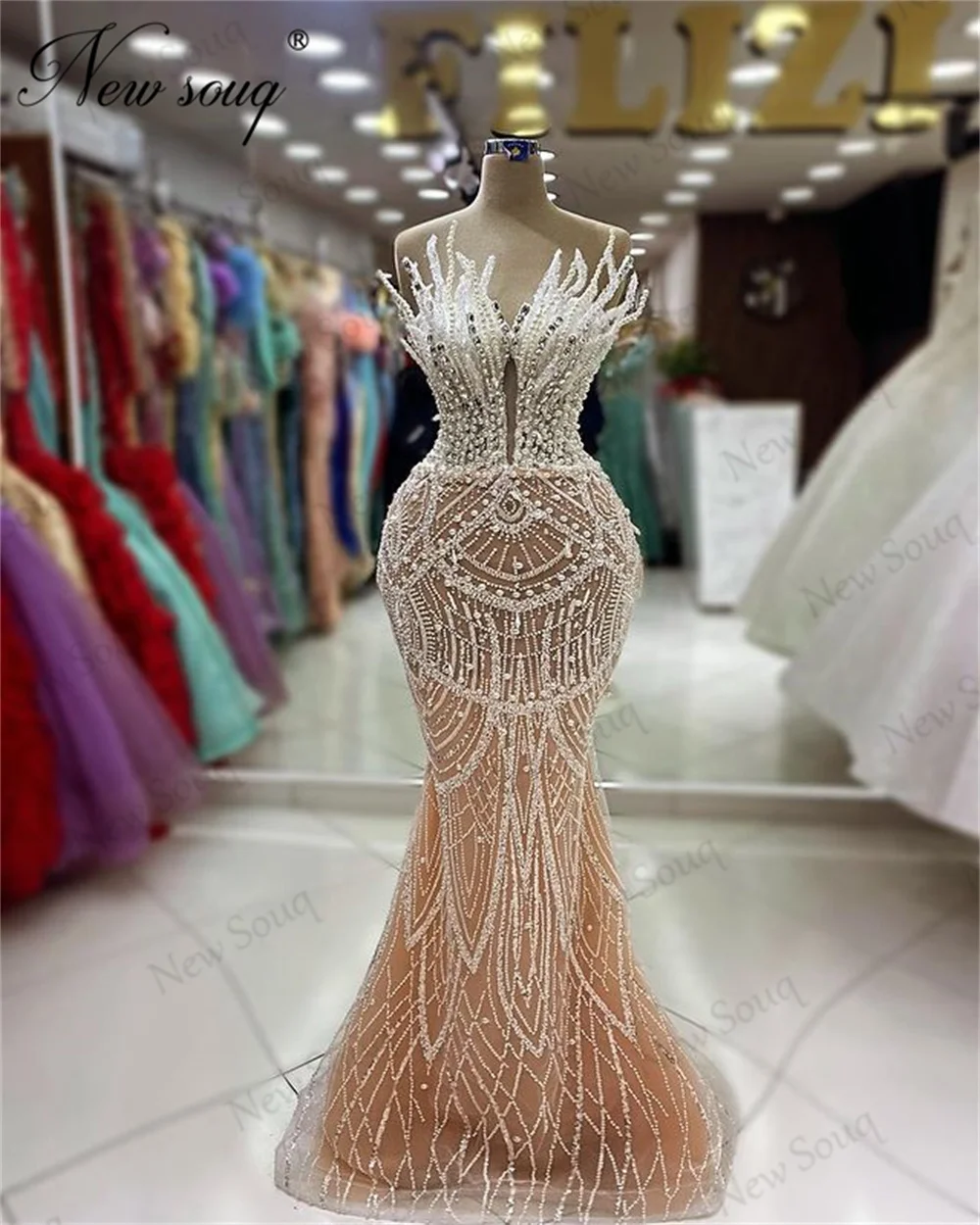 

Sparkly Dubai Beading Prom Dresses Haute Coutures Pearls Celebrity Dress Performance Party Dance Gowns Mermaid Evening Dress