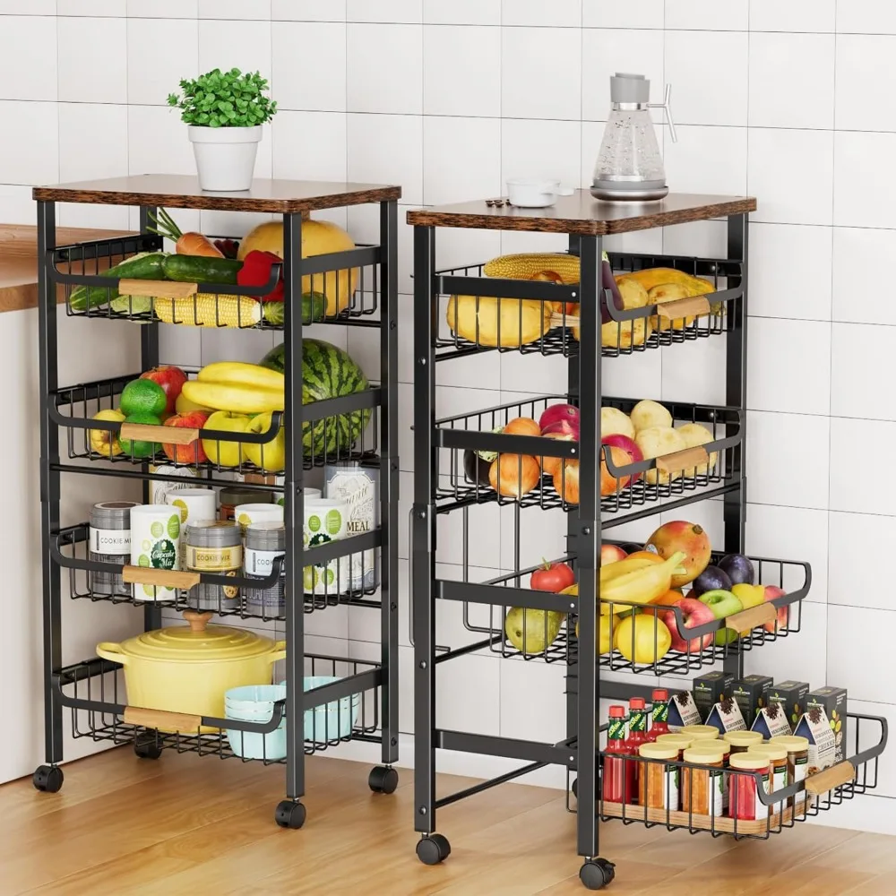 

5-Tier Rolling Utility Cart, Kitchen Storage Cart with Wheels, Large Capacity Utility Cart with Wooden Tabletop & Mesh Baskets