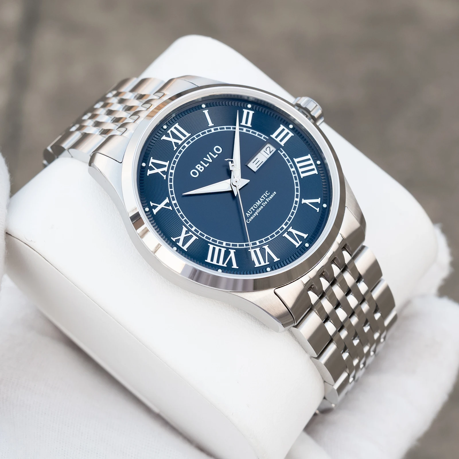 OBLVLO Men's Blue Dial Mechanical Watch with Day Date Feature Business Automatic Bracelet Band Fashion Accessory GC-SIM