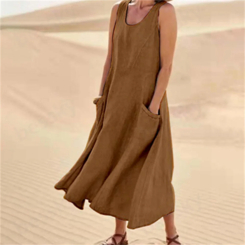 

Ladies Solid Color Cotton Linen round Neck Sleeveless Vest Dress with Pocket Casual Long Dress