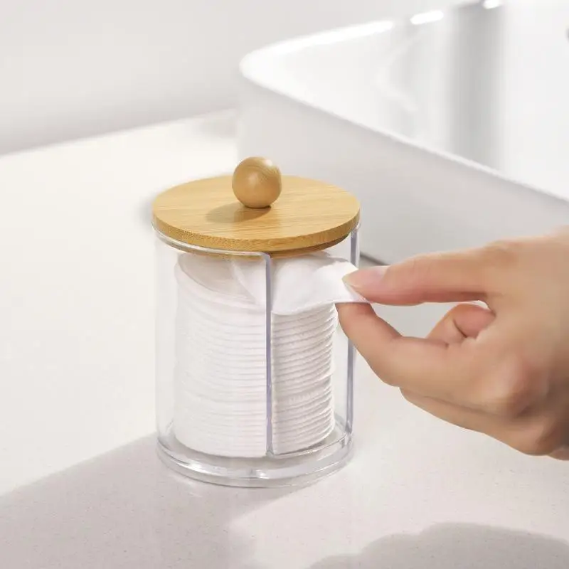 Wattestäbchen-Organizer mit Bambusdeckeln, durchsichtiges Apothekerglas aus Kunststoff für die Aufbewahrung von Kosmetikartikeln auf dem Schminktisch – Detail 14