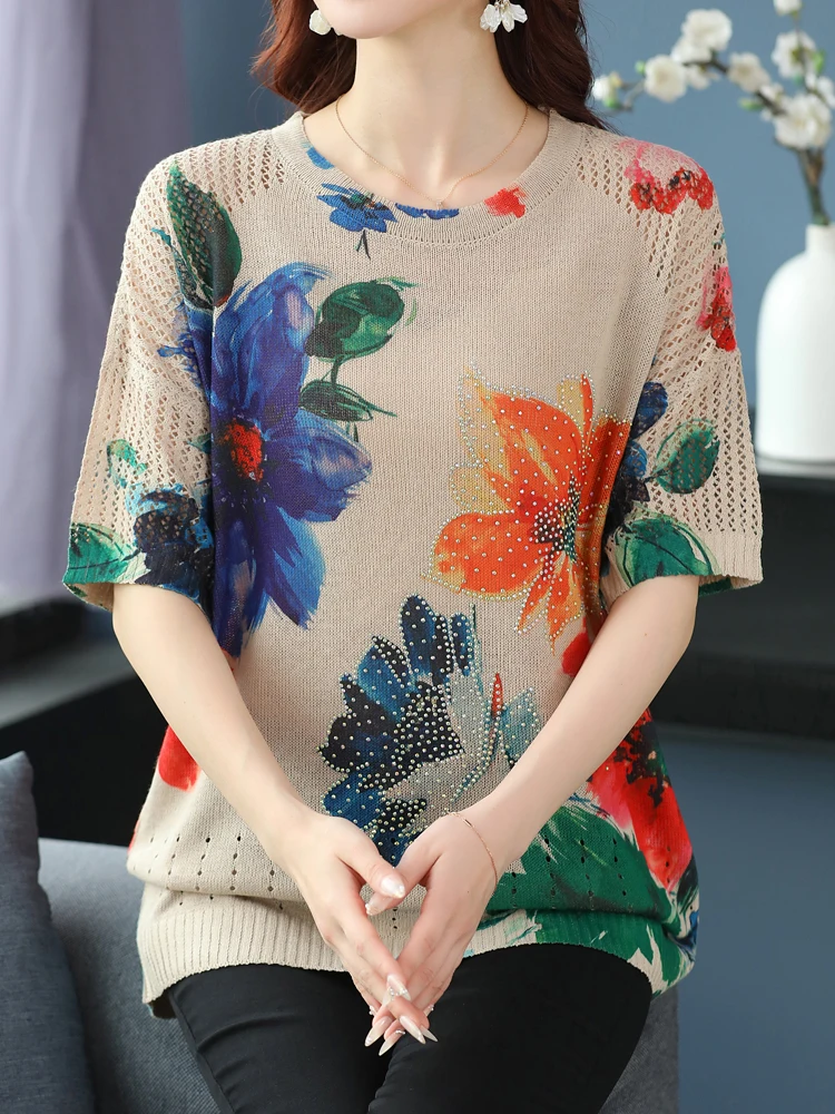 

Floral Print Hollow Knitted T Shirt Women 2024 Summer Clothes For Women Pullovers Tees Top Y2K Loose Women's T-shirt