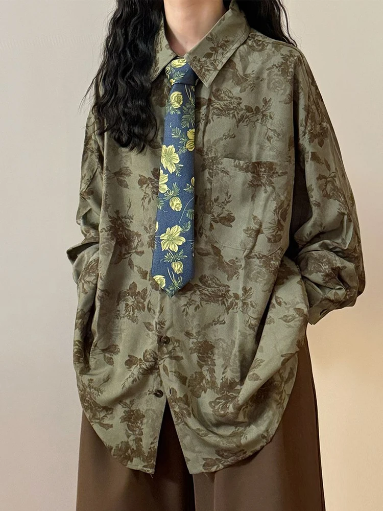 

Jmprs Harajuku Print Tie Shirt Women Loose Oversize Long Sleeve Vintage Blouse Japan Preppy Style Casual Retro Bf Fall Tops New