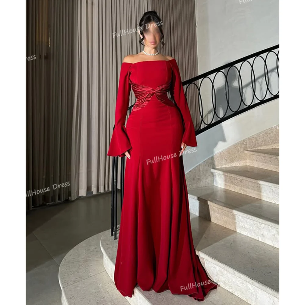 Vestido de noche drapeado con cuello barco modesto hecho a medida, vestido de noche Sexy sin espalda hasta el suelo, vestido saudí plisado de manga larga con tren