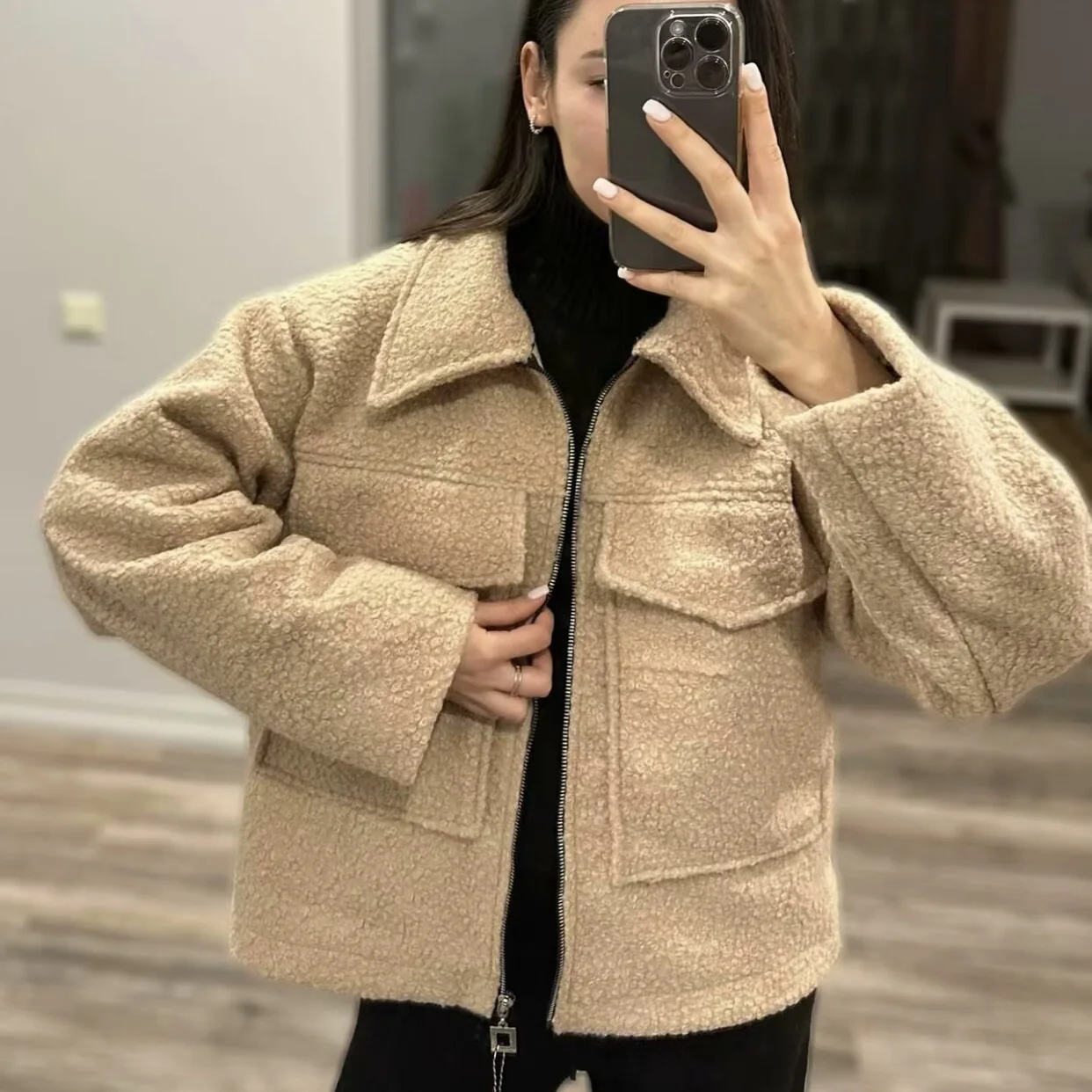 KIDCRKJ ربيع الخريف المرأة معطف الصوف بلون سستة سترة قصيرة للنساء التلبيب 2 جيب السيدات معاطف المرأة بلايز