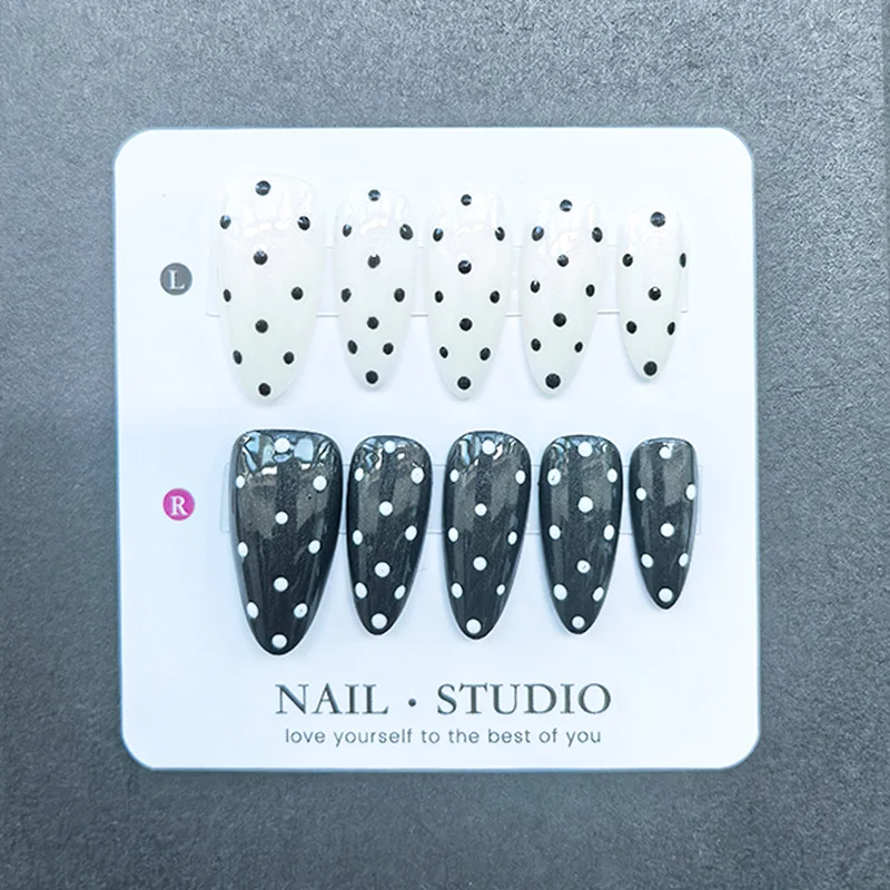 10pcs Almond Press on Nails Handmade Black White Classic Polka Dot with Pearl Powder Acrylic False Nails Glossy Gel Manicure Set