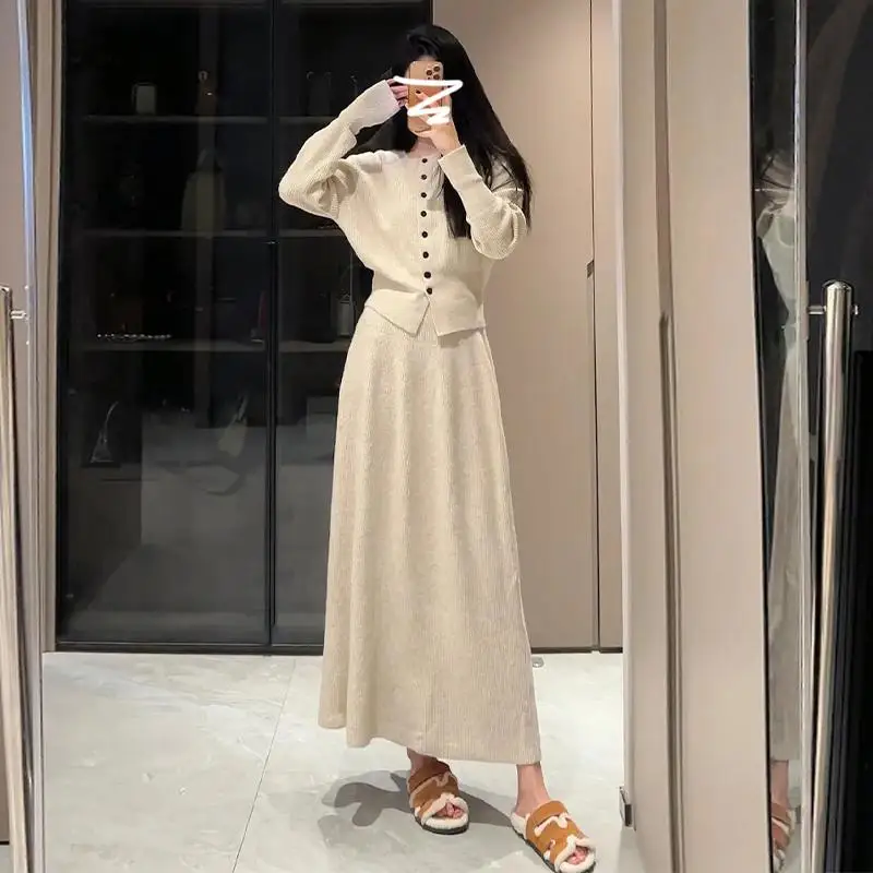 Women Autumn Winter Knit Cardigan Long A-Line Skirts Two Piece Set Lady Solid Beige Slim Thin Bottoming Sweater Skirt Outfits